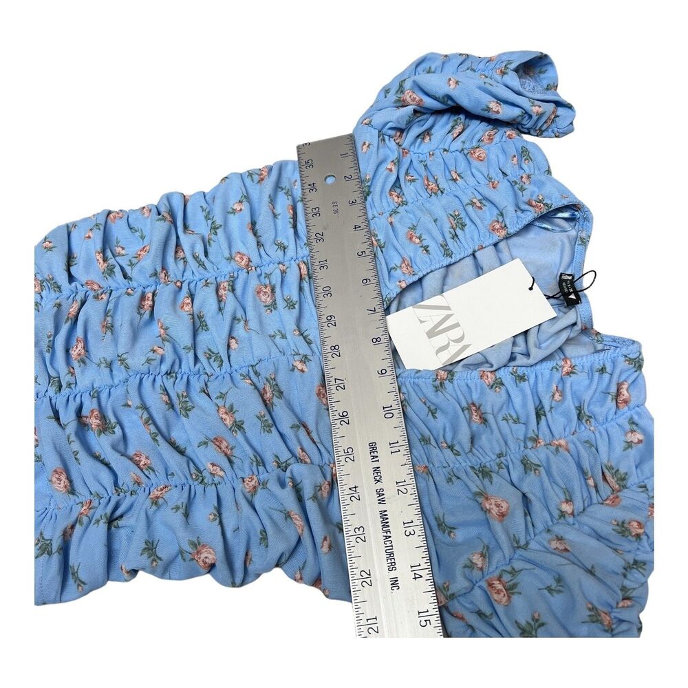 ZARA Blouse Blue Floral Tulle Ruched Cropped Feminine - Picture 4 of 13
